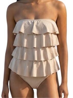 Michael Kors Ruffle Tiered One Piece Swimsuit Cream Tan Size 4
